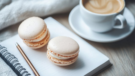 Enjoy a serene morning with delicious macarons paired with a warm cup of coffee, creating a perfect setting for relaxation and indulgence in sweet treats.の素材
