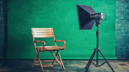A wooden chair stands empty in front of a vibrant green backdrop, accompanied by a softbox light setup, ideal for photography sessions and creative projects.の素材