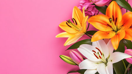 A stunning floral arrangement featuring vibrant orange, pink, and white lilies against a soft pink background, perfect for adding a touch of beauty and elegance to any occasion.の素材