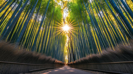 A picturesque bamboo forest pathway, glowing under the golden sunlight filtering through the lush canopy, creates a tranquil and serene atmosphere perfect for nature lovers.の素材