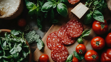 Explore a captivating arrangement of fresh ingredients including sliced salami, ripe cherry tomatoes, aromatic basil, and cheese on a wooden cutting board, perfect for culinary inspiration.の素材