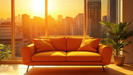 This image captures a cozy orange sofa in a stylish living room with expansive city views during sunset, blending comfort and modern architecture in warm tones.の素材