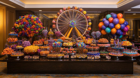 A stunning candy display featuring a vibrant Ferris wheel and colorful decorations, perfect for showcasing treats at any festive gathering or celebration.の素材
