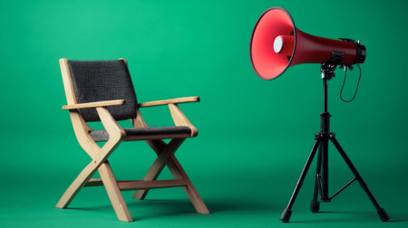 A vintage chair stands next to a bright red megaphone on a vibrant green background, symbolizing the intersection of design and communication in creative projects.の素材