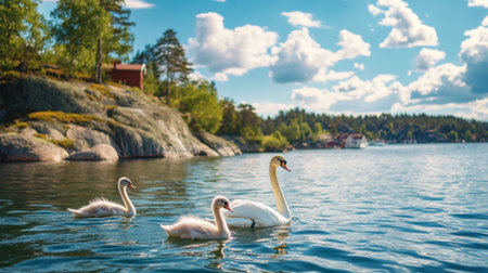 A lovely scene featuring a majestic swan swimming alongside two fluffy cygnets in calm waters, surrounded by vibrant nature and a picturesque sky. Perfect for wildlife enthusiasts.の素材