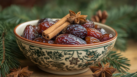 A beautiful arrangement of dates in a decorative bowl, accented by cinnamon and star anise, set against lush pine branches, ideal for holiday settings and festive occasions.の素材