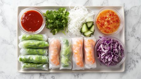 A beautifully arranged platter of fresh spring rolls featuring shrimp, vegetables, and herbs, complemented by vibrant dipping sauces for a healthy meal option.の素材