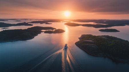 Experience the breathtaking beauty of a sunset as a boat sails through calm waters, surrounded by islands in a tranquil landscape, perfect for nature lovers and explorers.の素材