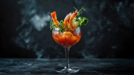 A stunning cocktail featuring succulent shrimp and vibrant greens, beautifully presented in a glass against a dramatic dark backdrop, ideal for culinary inspiration and food photography.の素材