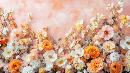 A stunning floral arrangement with a soft peach background featuring an array of colorful blooms, perfect for spring themes, celebrations, or elegant decor inspirations.の素材