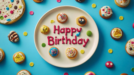 A vibrant birthday scene featuring a plate of cookies and a cheerful greeting surrounded by colorful candies, perfect for capturing the joy of celebrations and sweet moments.の素材