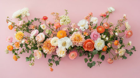 A stunning floral arrangement featuring an array of colorful flowers against a soft pink background, perfect for decor inspiration and showcasing nature's beauty and elegance.の素材