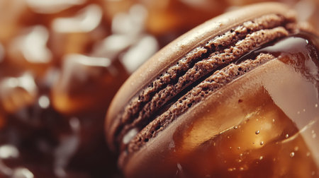 A close-up shot of a decadent chocolate macaron set against a glossy cocoa background, showcasing its rich flavor and luxurious texture, ideal for dessert and culinary inspiration.の素材