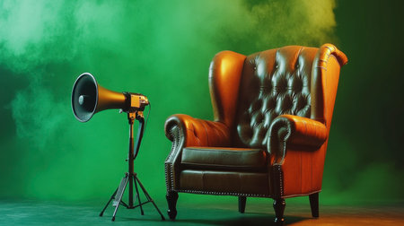 An elegant leather armchair positioned next to a vintage megaphone, enveloped in a dramatic green fog, perfect for creative projects and artistic photography.の素材