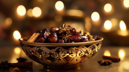 This artistic arrangement features a bowl filled with dates and spices, illuminated by soft candlelight, creating an inviting and festive atmosphere perfect for gatherings.の素材