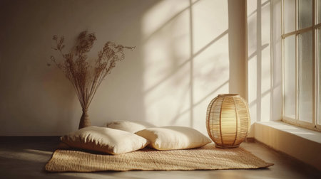 A serene minimalist interior scene featuring soft pillows, a stylish lantern, and dried plants, bathed in warm natural light to create a cozy and inviting atmosphere.の素材