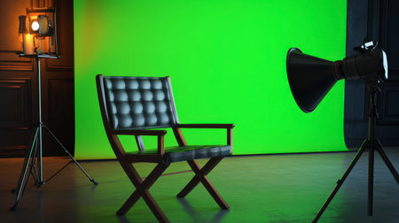 A thoughtfully arranged studio scene featuring a director's chair and professional lighting, all set against a vibrant green screen backdrop perfect for creative projects.の素材