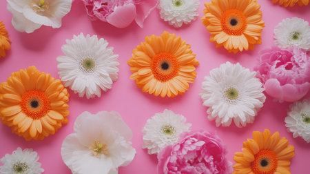 A colorful floral arrangement featuring gerbera daisies, peonies, and chrysanthemums against a pink background, perfect for spring celebrations and cheerful decor.の素材