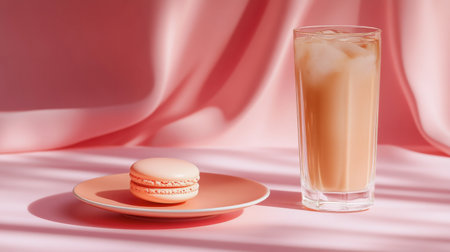 A beautifully styled scene featuring a delicate macaron and a refreshing iced drink against a soft pink backdrop, ideal for food enthusiasts and aesthetic presentations.の素材