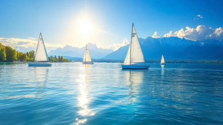 A serene view of a tranquil lake adorned with graceful sailboats under bright sunlight, surrounded by majestic mountains and lush greenery, perfect for relaxation and adventure.の素材