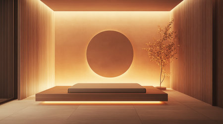 A serene minimalist interior space showcasing warm light, geometric designs, and natural elements, perfect for creating a calming and tranquil atmosphere.の素材
