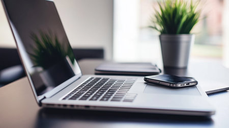 A modern workspace featuring a sleek laptop and a smartphone on a desk, complemented by a decorative plant, creating a stylish and inviting atmosphere for productivity.の素材