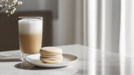 A beautifully arranged scene featuring creamy macarons on a plate alongside a glass of frothy coffee, set on a minimalist table with soft curtains, inviting a cozy atmosphere.の素材