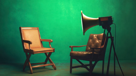 This artistic image features vintage chairs alongside an old-fashioned megaphone set against a vibrant green backdrop, perfect for creative projects and artistic use.の素材