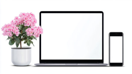 A chic modern workspace scene featuring a laptop and smartphone alongside a beautiful pink flowering plant in a minimalist pot, showcasing harmony between technology and nature.の素材