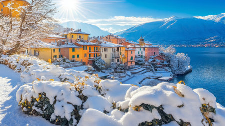 A breathtaking winter scene showcasing charming houses nestled along a snow-enveloped lake, framed by snow-capped mountains and a brilliant blue sky, perfect for nature lovers.の素材