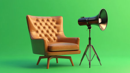 A stylish vintage brown leather armchair stands beside a retro black megaphone, creating an eye-catching composition on a vibrant green background, perfect for modern decor.の素材