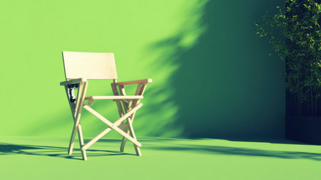 A stylish director's chair sits empty against a vibrant green background, offering a calming atmosphere ideal for creative projects and inspiring artistry.の素材