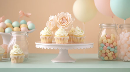 A charming dessert arrangement showcasing pastel cupcakes with luscious frosting, accompanied by colorful candies and decorative items, creating a delightful festive atmosphere.の素材