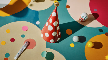 A vibrant party scene showcasing a polka-dotted party hat surrounded by playful decorations, evoking a sense of joy and celebration for various festive occasions.の素材