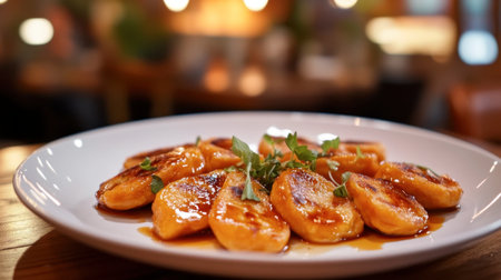 Enjoy a beautifully presented plate of caramelized plantains, showcasing their rich color and texture in a cozy restaurant atmosphere, ideal for food photography.の素材