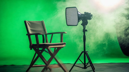 A professional photography setup showing an empty chair and softbox light against a vibrant green screen, perfect for creative projects and studio productions.の素材