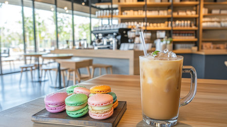 A charming scene featuring colorful macarons alongside a refreshing iced coffee in a modern cafの素材