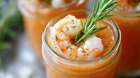 A vibrant shrimp appetizer served in a clear jar with a touch of rosemary, showcasing a beautiful blend of flavors, perfect for elegant gatherings and special occasions.の素材