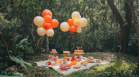 A delightful outdoor celebration features vibrant balloons and an array of tasty treats arranged on a picnic blanket in a tranquil forest setting, perfect for hosting gatherings.の素材