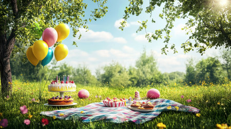 A bright and cheerful outdoor birthday party scene featuring a picnic blanket adorned with delicious sweets, colorful balloons, a beautiful cake, and scenic greenery.の素材