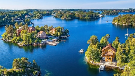 Discover the breathtaking beauty of a Nordic archipelago featuring lush islands, vibrant blue water, and charming villas under a clear sky, perfect for any nature lover.の素材