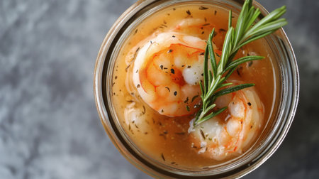 An artistic view of succulent shrimp resting in a clear broth with aromatic herbs, perfect for showcasing culinary creativity and fresh ingredients in food photography.の素材