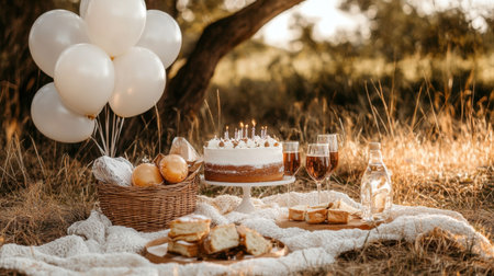 Experience a delightful outdoor celebration featuring a stunning cake, elegant drinks, and airy balloons, set in a picturesque meadow bathed in warm sunlight.の素材