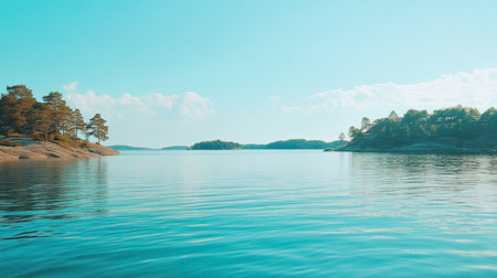 This tranquil lakescape captures a calm body of water surrounded by greenery and a clear blue sky, creating a serene atmosphere perfect for retreats and nature appreciation.の素材