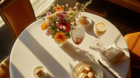 A captivating table scene featuring a vibrant floral arrangement, delectable macarons, and refreshing beverages, all bathed in soft, warm light, perfect for a cozy afternoon gathering.の素材