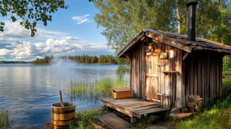 A charming wooden sauna rests by a serene lake, surrounded by lush greenery and a cloud-studded blue sky, creating a perfect escape for relaxation and rejuvenation in nature.の素材