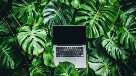 A modern laptop nestled among vibrant green leaves, illustrating a perfect blend of technology and nature, ideal for creative workspace and eco-friendly design themes.の素材