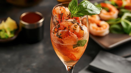 A beautifully presented shrimp cocktail garnished with fresh basil, offering a refreshing flavor, perfect for summer gatherings or elegant dining experiences with seafood.の素材