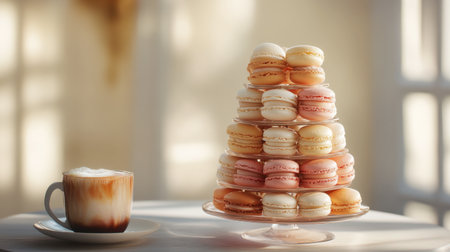 A stunning arrangement of colorful macarons in a tower on a glass stand beside a creamy coffee cup, creating a delightful and inviting dessert scene perfect for any occasion.の素材