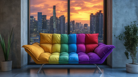 A vibrant, colorful couch is positioned before a stunning urban sunset view, enhancing modern living spaces with style and charm. Ideal for contemporary interior design aesthetics.の素材